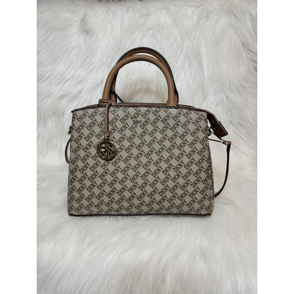DKNY Monogram Satchel Brown Tan Logo Print Shoulder Bag Crossbody Y2K